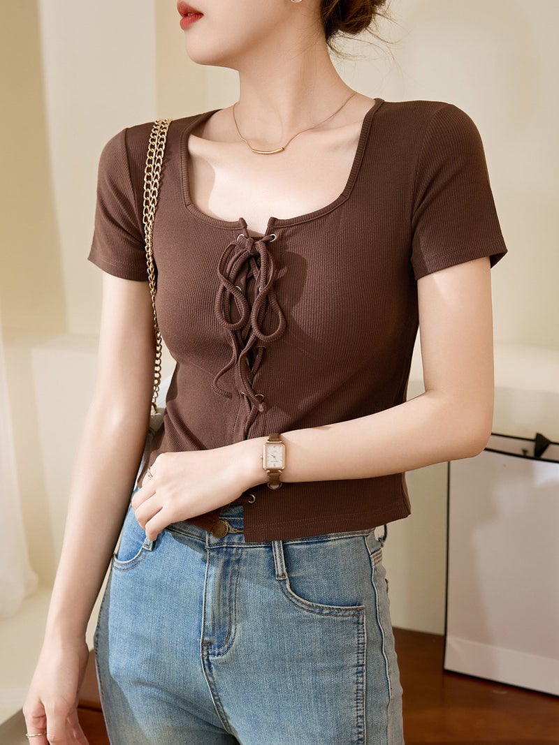 [Easy To Use] High-End Design Strappy T-Shirt For Women Summer Square Collar Short-Sleeved Top Sense Of Design Outer Wear - Image 2