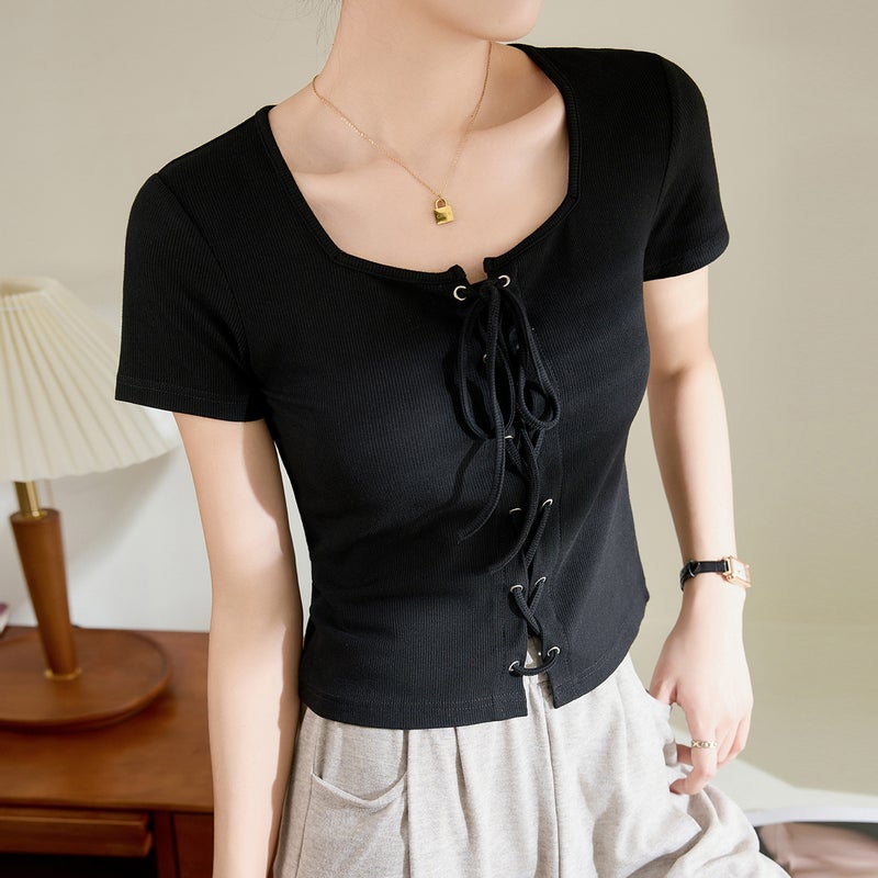 [Easy To Use] High-End Design Strappy T-Shirt For Women Summer Square Collar Short-Sleeved Top Sense Of Design Outer Wear - Image 1