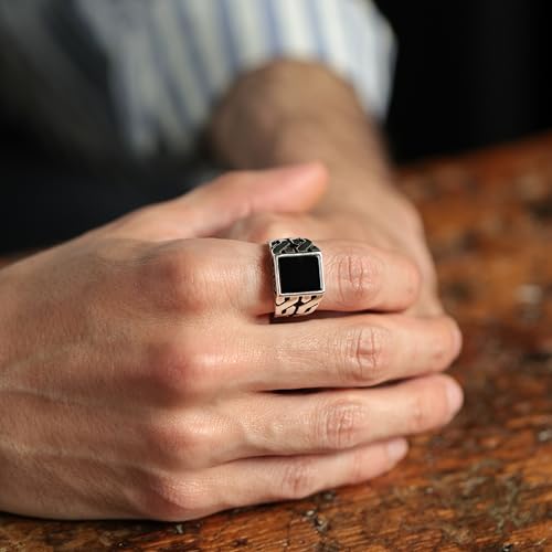Babylon Silver Men's Black Onyx Ring in Solid Genuine Sterling Silver with 925 Stamp Handmade Cuban Link Chain Motif Braided Ring (Black Onyx, 8) - Image 3