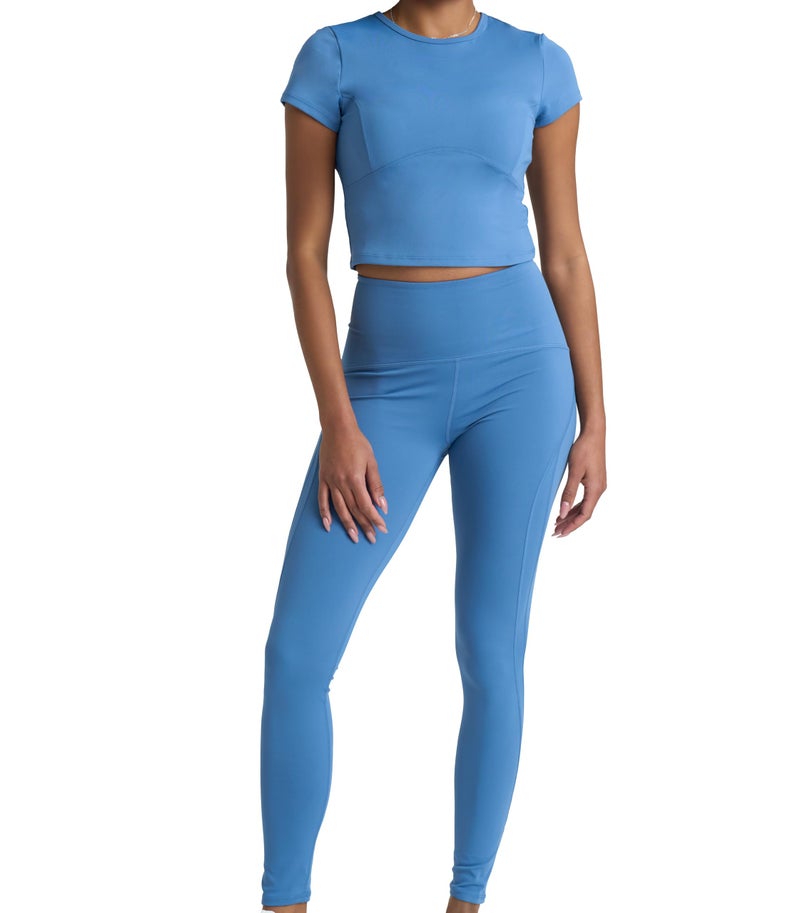 PopSugar Two Piece Workout Set for Women High Waist Leggings and Short Sleeve Athletic Tops Matching Pilates Gym Sets Yoga Outfits - Image 1