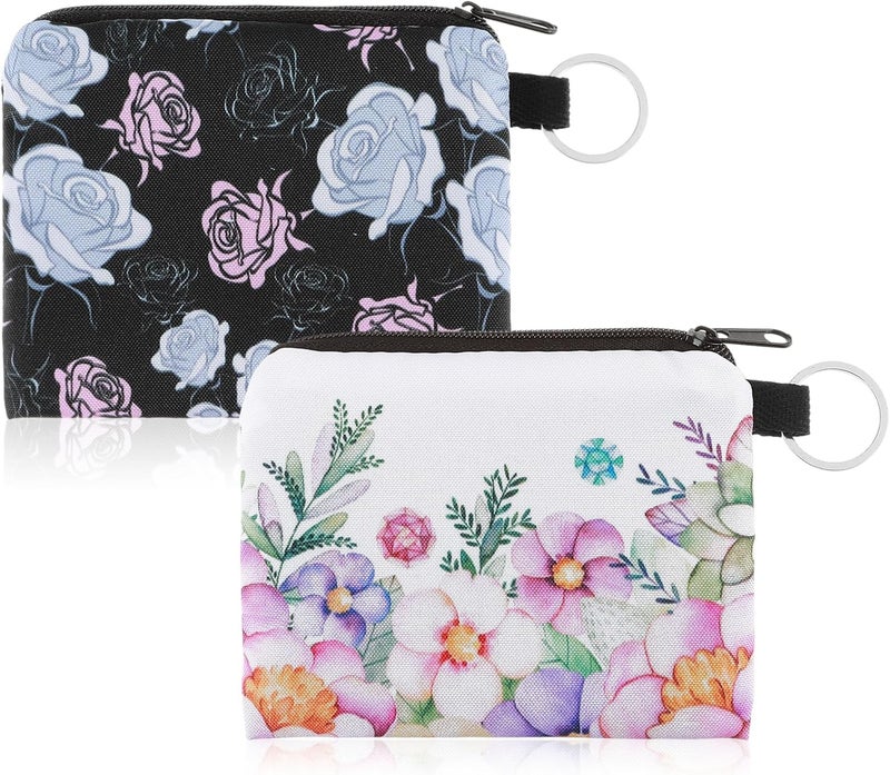 SWIUKPHE 2Pcs Floral Change Pouch Set - Cute Zipper Coin Bags with Key Ring for Women & Girls - Image 1
