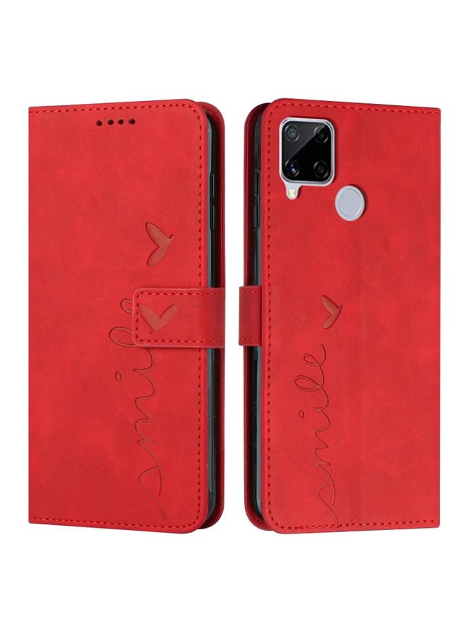 HuHa Case Cover For Realme C12/C15 Skin Feel Heart Pattern Leather Phone Case Red