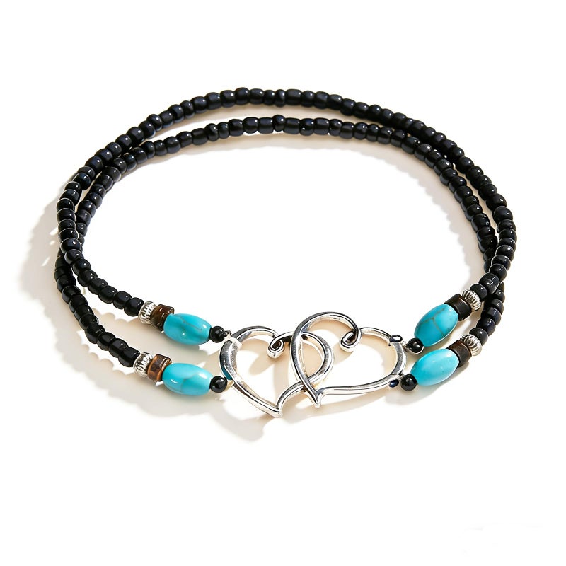 ANGLEQUEEN Elastic Beaded Ankle Bracelets for Women Double Heart Layered Stretch Ankle Bracelets Waterproof Dainty Boho Beaded Anklets for Summer Beach Foot Jewelry (White Gold) - Image 1