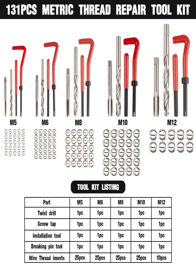 Marvelity Premium 131-Piece Metric Helicoil Thread Repair Kit, Comprehensive HSS Drills, Inserts, Taps, and Tools for M5, M6, M8, M10, M12, Ideal for Automotive and Engine Repairs - Image 3