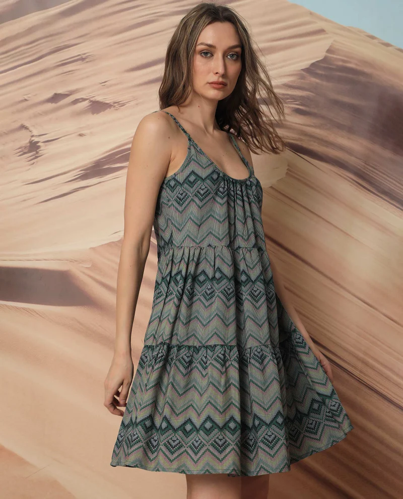 Rareism Women's Geometric Print Tiered Short Dress