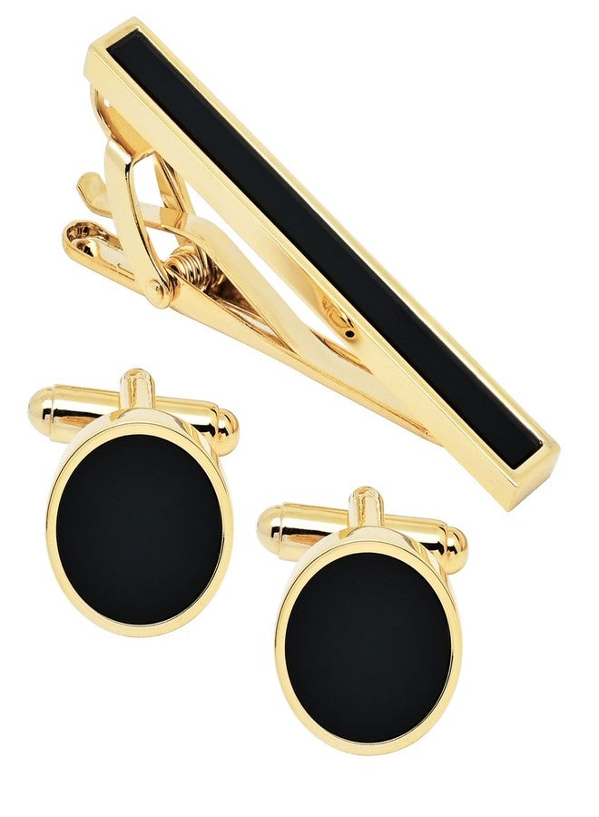 Jonwo Black Agate Round Men Cufflinks and Tie Clip Set Silver / 14K Gold Plated Tie Pin Cufflinks for Men Jewelry Wedding Party Business Birthday Anniversary Dress (Golden Set) - Image 1