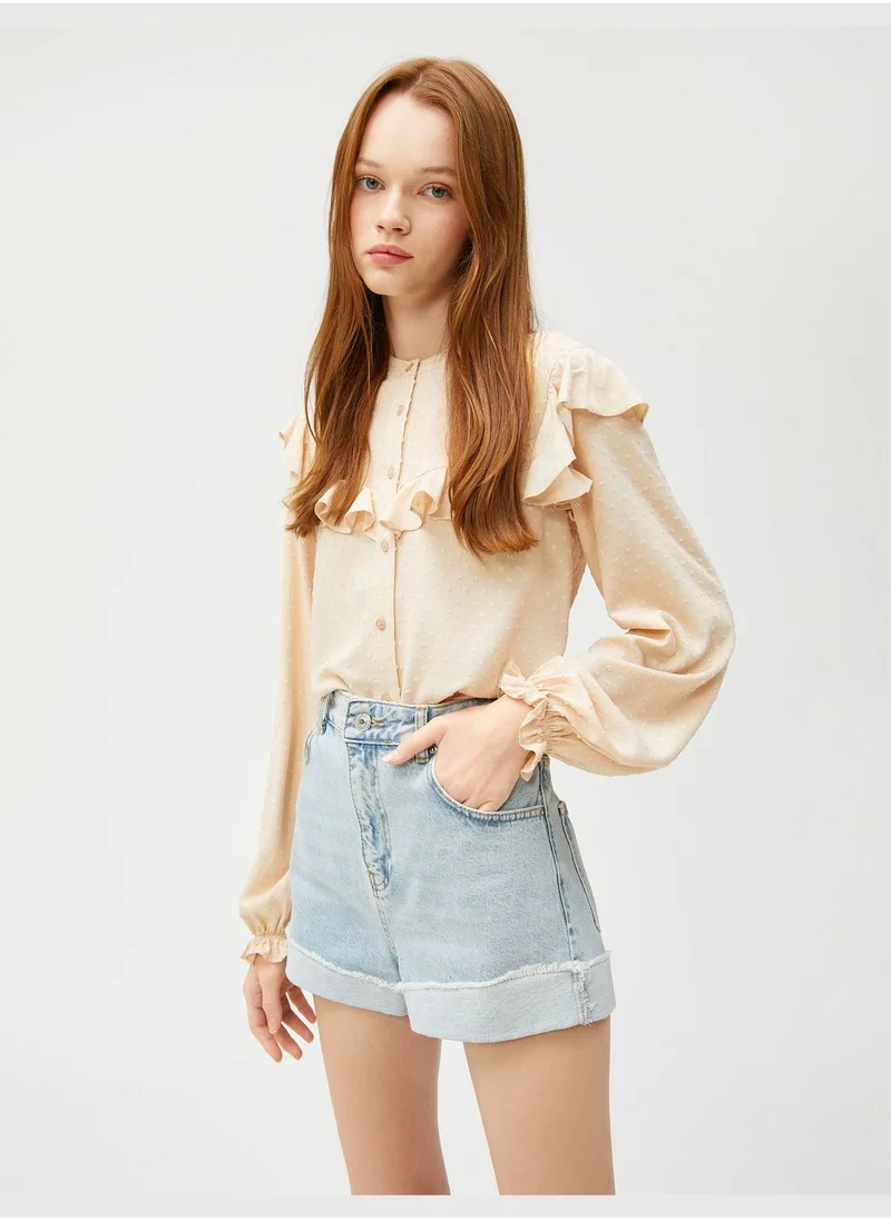 كوتون Puff Sleeve Viscose Crew Neck ruffle Button Detail Blouse