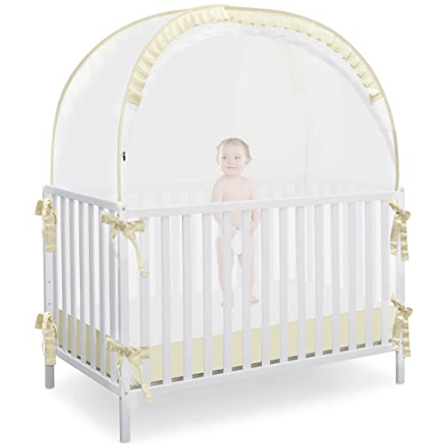L RUNNZER Baby Safety Crib Tent Pop Up Canopy for Crib to Stop Baby from Climbing Out Infant Mesh Cover Mosquito Net with Sturdy Frame Soft Mesh Beige R07beige - Image 1