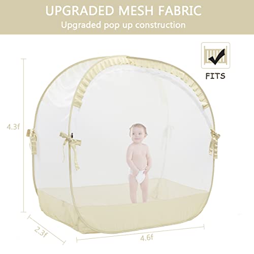 L RUNNZER Baby Safety Crib Tent Pop Up Canopy for Crib to Stop Baby from Climbing Out Infant Mesh Cover Mosquito Net with Sturdy Frame Soft Mesh Beige R07beige - Image 3