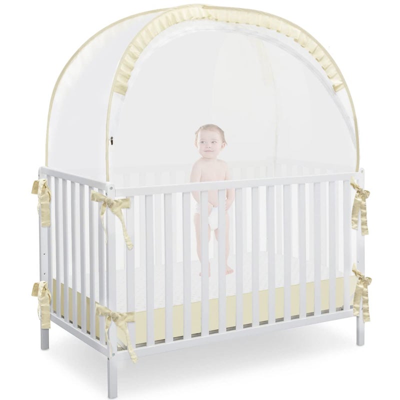 L RUNNZER Baby Safety Crib Tent Pop Up Canopy for Crib to Stop Baby from Climbing Out Infant Mesh Cover Mosquito Net with Sturdy Frame Soft Mesh Beige R07beige - Image 2