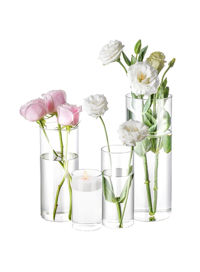 يُسلِّم 4 قطع من المزهريات الأسطوانية الزجاجية بارتفاع 4،6،8،10 بوصة، مزهرية زهور شفافة، حامل شموع عائم لقطعة مركزية للطاولة وديكور منزلي لحفلات الزفاف - Image 1