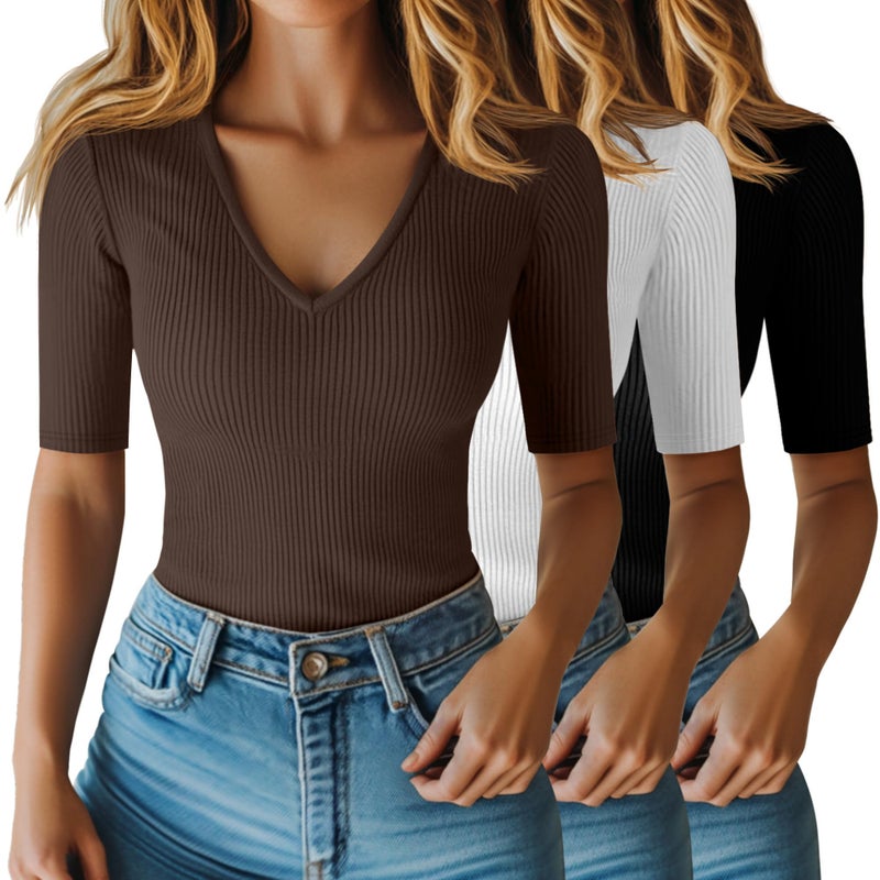 Riyiper 3 Pack Womens Half Sleeve Top Elbow Length Ribbed Cotton T Shirt Women V Neck Summer Tee Slim Fit Casual BlousesBlack White BrownXL