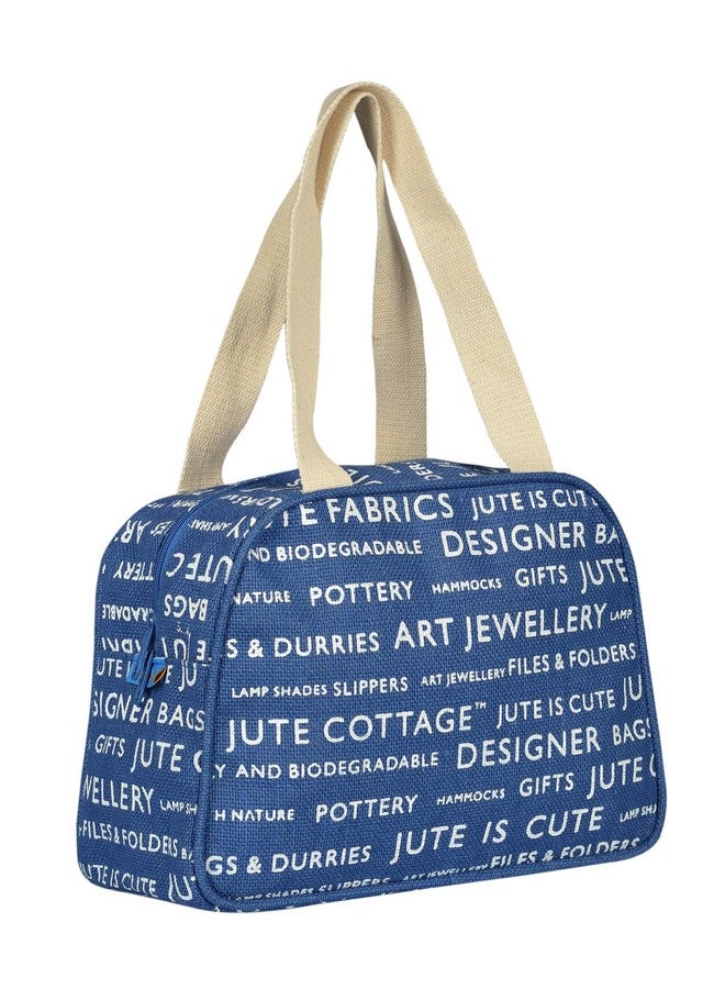 Jute Cottage Jute Bags for Lunch for Women and Men | Jute Grocery Bag | Jute Carry Bag | Jute Tiffin Bags | Jute Bags with zip | Printed Jute Bag Print - Blue - Image 1