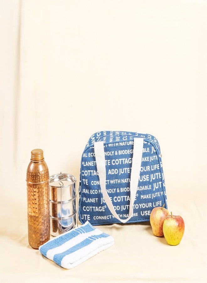 Jute Cottage Jute Bags for Lunch for Women and Men | Jute Grocery Bag | Jute Carry Bag | Jute Tiffin Bags | Jute Bags with zip | Printed Jute Bag Print - Blue - Image 2