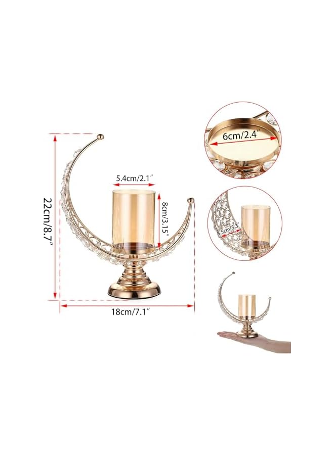 The Bros Ramadan Moon Shaped Crystal Pillar Candle Holders,Metal Crystal Candle Stands Moon Candle Lamps Elegant Cande Holder Decors for Table Centerpieces, Gold - Image 2