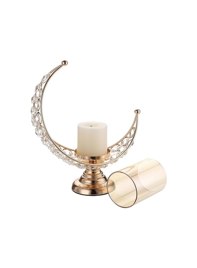 The Bros Ramadan Moon Shaped Crystal Pillar Candle Holders,Metal Crystal Candle Stands Moon Candle Lamps Elegant Cande Holder Decors for Table Centerpieces, Gold - Image 4