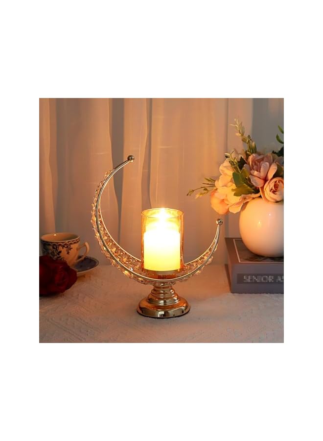 The Bros Ramadan Moon Shaped Crystal Pillar Candle Holders,Metal Crystal Candle Stands Moon Candle Lamps Elegant Cande Holder Decors for Table Centerpieces, Gold - Image 5