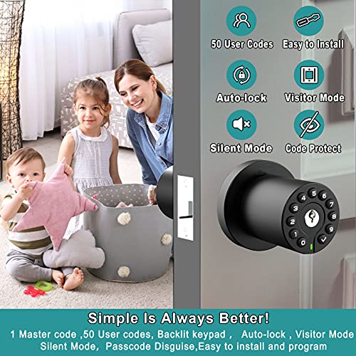 BOTHSTAR Keypad Door Knob with Key,Keyless Entry Door Lock, Code Locks Door Knob, Auto Lock,50 User Code,Easy to Install,for Home,Office,Hotel,Bedroom,Garage,No Deadbolt, Matte Black Finish - Image 2
