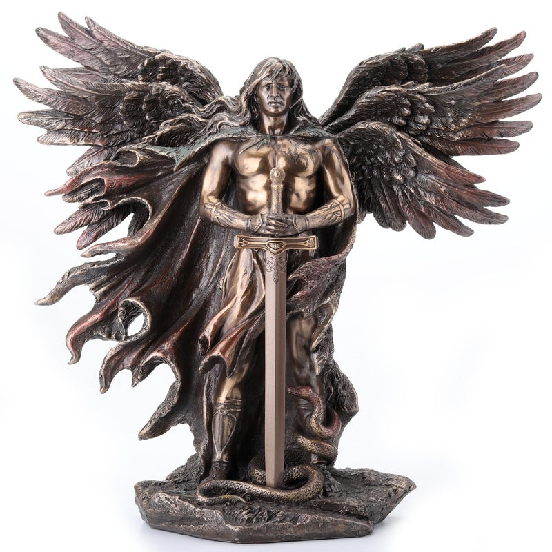 Unicorn Studio WU75976A4 Guardian Angel Statue in 6 Winged with Sword and Serpent 11inch Cold Cast Bronze