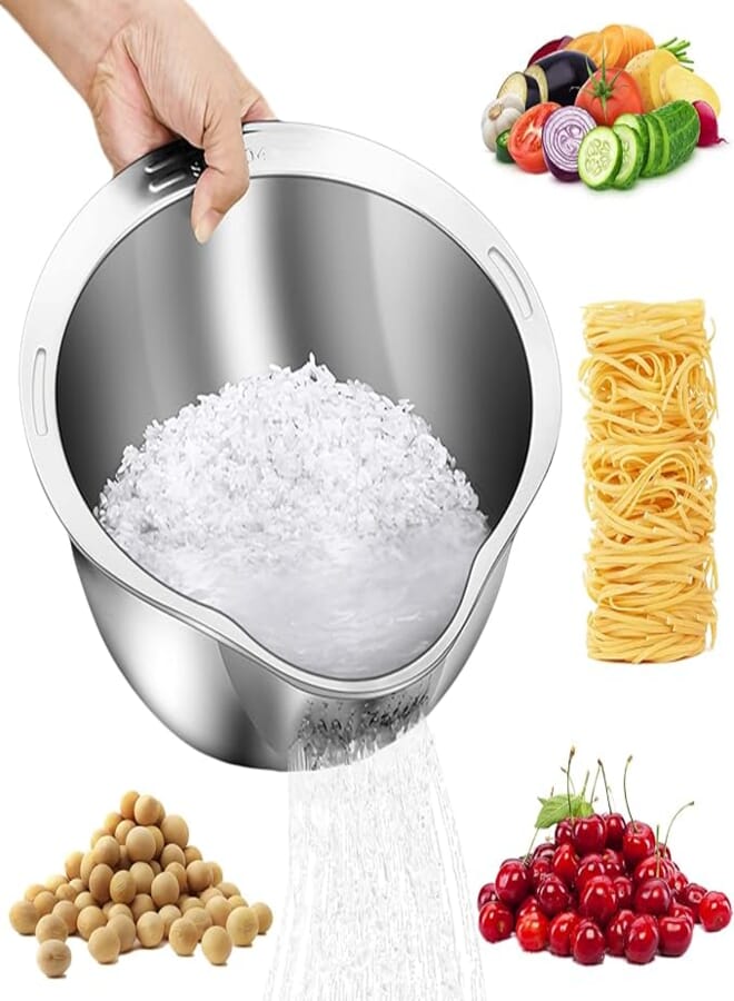 Excefore Rice Washing Bowl with Strainer, Colander Strainer for Vegetables Fruits, Stainless Steel Side Drainers Versatile 4 in1 Colander, Suitable for Cleaning Fruits, Vegetables, and Beans