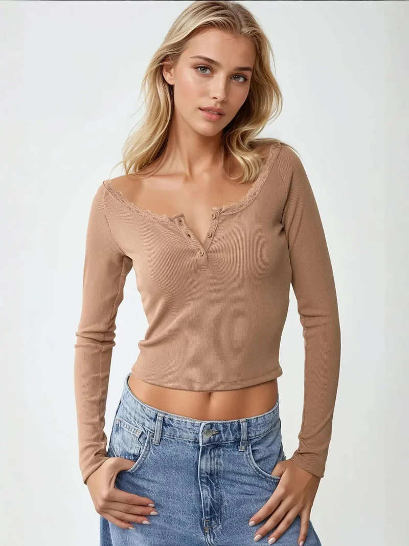 HICCUP Slim Fit Lace Detail Long Sleeve Top
