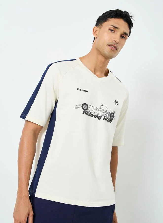 Styli Men Beige Graphic Print Oversized T-Shirt