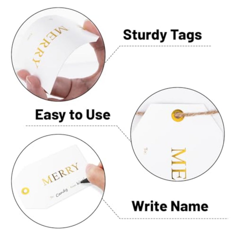 Gift Tags with String - 50Pcs Holiday Name Tags Gold Foil Xmas to from Tag Paper Tag for Presents Gift Wrapping Xmas Decorations - Image 3