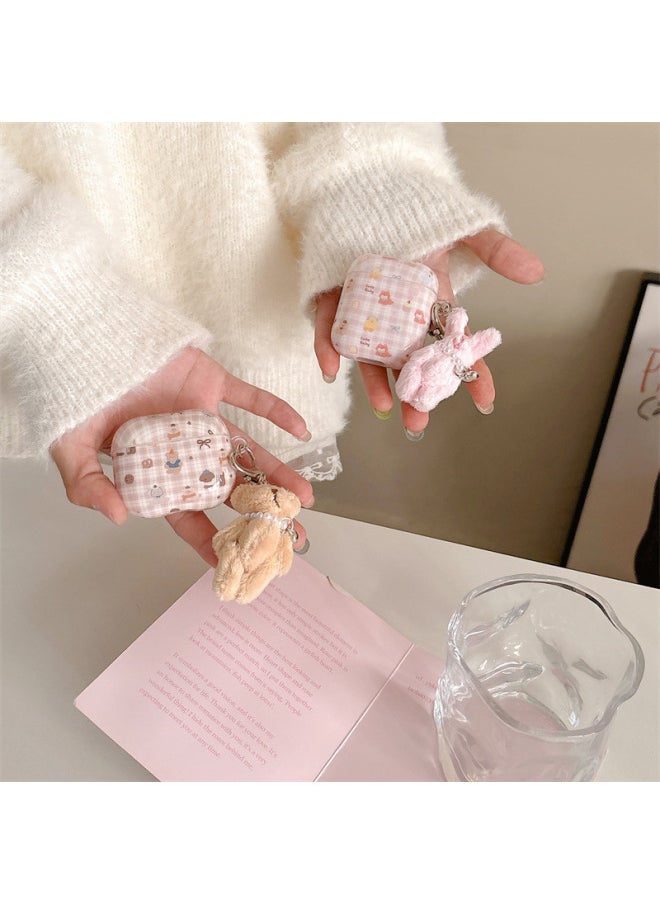 Generic - Japanese And Korean Style Simple Plaid Small Animal Protective Case For Airpods4/3 Headphone Case 2Pro 3 Generation Girls Style-Color:Brown Plaid Small Animal Headphone Cover Shell + Rabbit Pendant-Applicable Models:For Apple Airpods 4 - Image 1