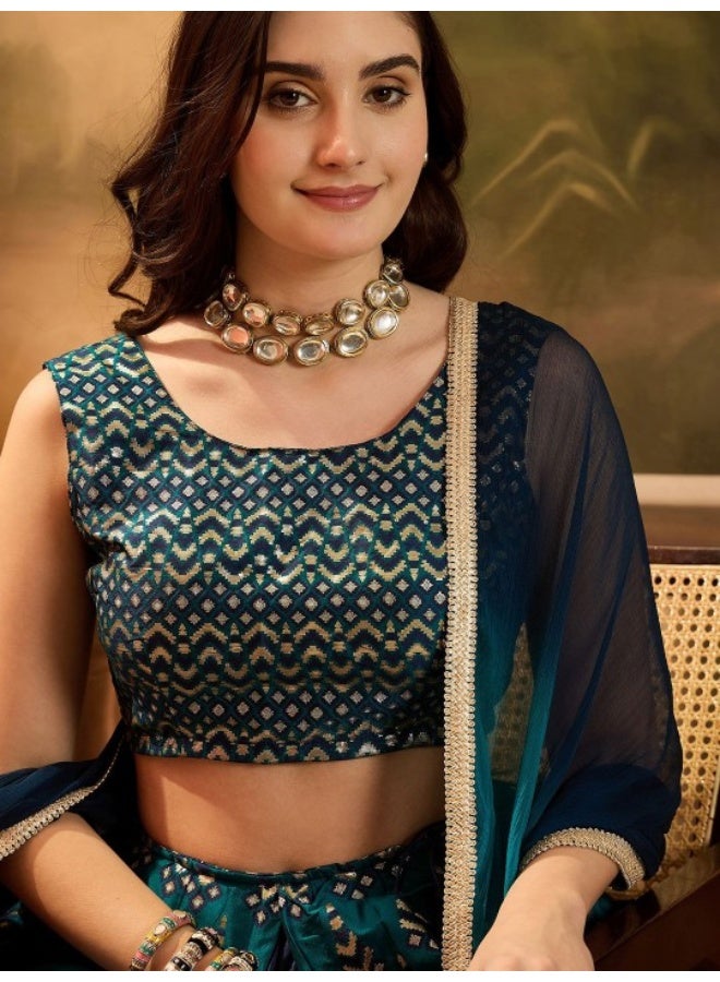 AKS Navy Blue & Emerald Green Jacquard Lehenga Choli With Dupatta  - Image 2