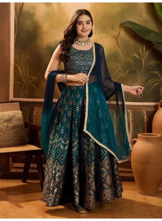 AKS Navy Blue & Emerald Green Jacquard Lehenga Choli With Dupatta  - Image 1