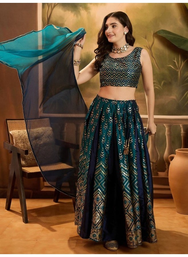AKS Navy Blue & Emerald Green Jacquard Lehenga Choli With Dupatta  - Image 4