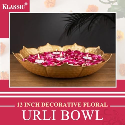 Klassic 12 Inch Metal Decorative Floral Urli Bowl for Floating Flowers & Tea Light Candles | Diwali Decoration Items for Home, Table Room & Pooja Room (Glossy Golden, Pack of 1) - Image 3