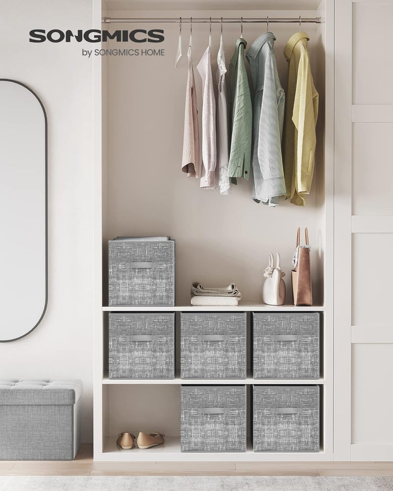 SONGMICS Storage Cubes, Non-Woven Fabric Bins with Double Handles, Set of 6, Closet Organizers for Shelves, Foldable, for Clothes, Gray - Image 2