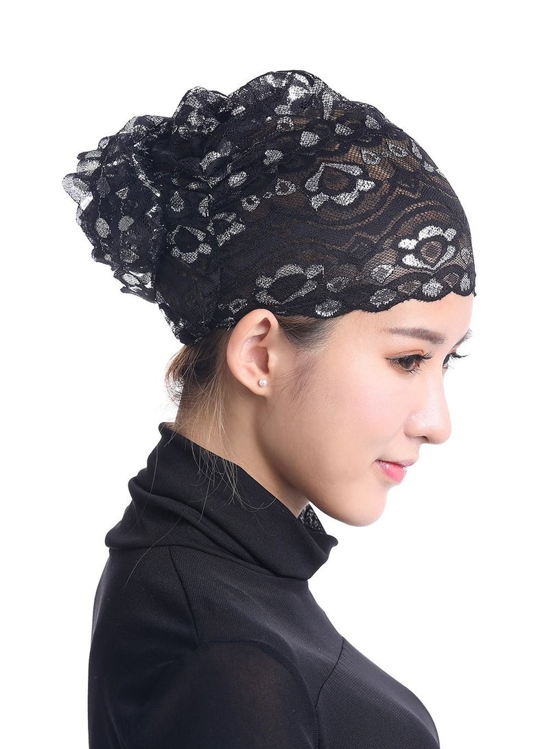 Loquat Women's Shiny Lace Hijab Inner Cap Black  - Image 1