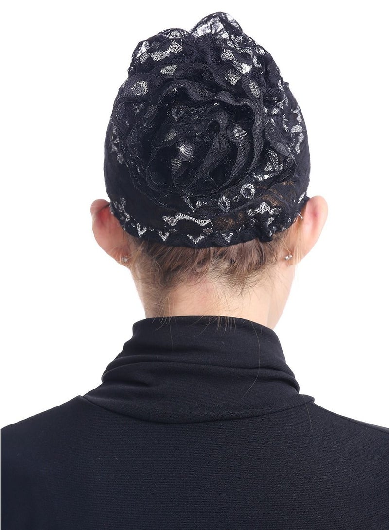 Loquat Women's Shiny Lace Hijab Inner Cap Black  - Image 2