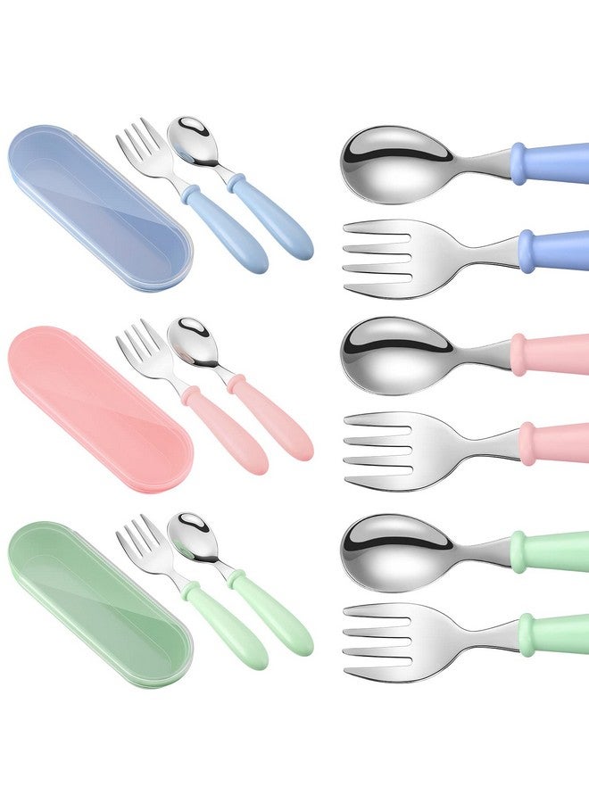 Patelai 9 Pieces Toddler Utensils Stainless Steel Fork and Spoon Safe Baby Silverware Set, Kid Safe Utensils Children's Flatware Kids Cutlery Set with Round Handle for LunchBox (Blue, Green, Pink)  - Image 1