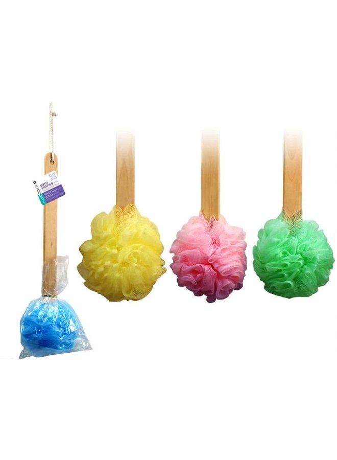 Bodico 4pk 15" Long Wooden Handle Back Scrubber Bath Shower Mesh Sponge Exfoliating Body Brush Wash Nylon Puff Spa - Image 1