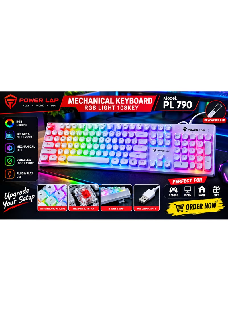بور لاب  لوحة مفاتيح ألعاب ميكانيكية POWER LAP PL-790 بإضاءة RGB، 108 مفتاح - Image 2