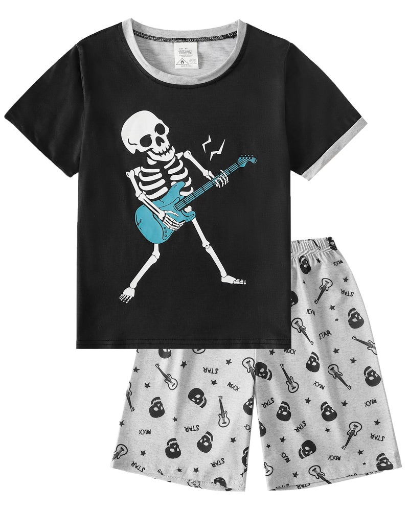 MyFav Boys Pajamas Sets Glow in Dark Skull Sleepwear Kids 2 Piece Short Sleeve Pjs, Guitar, 12 Years - Image 1