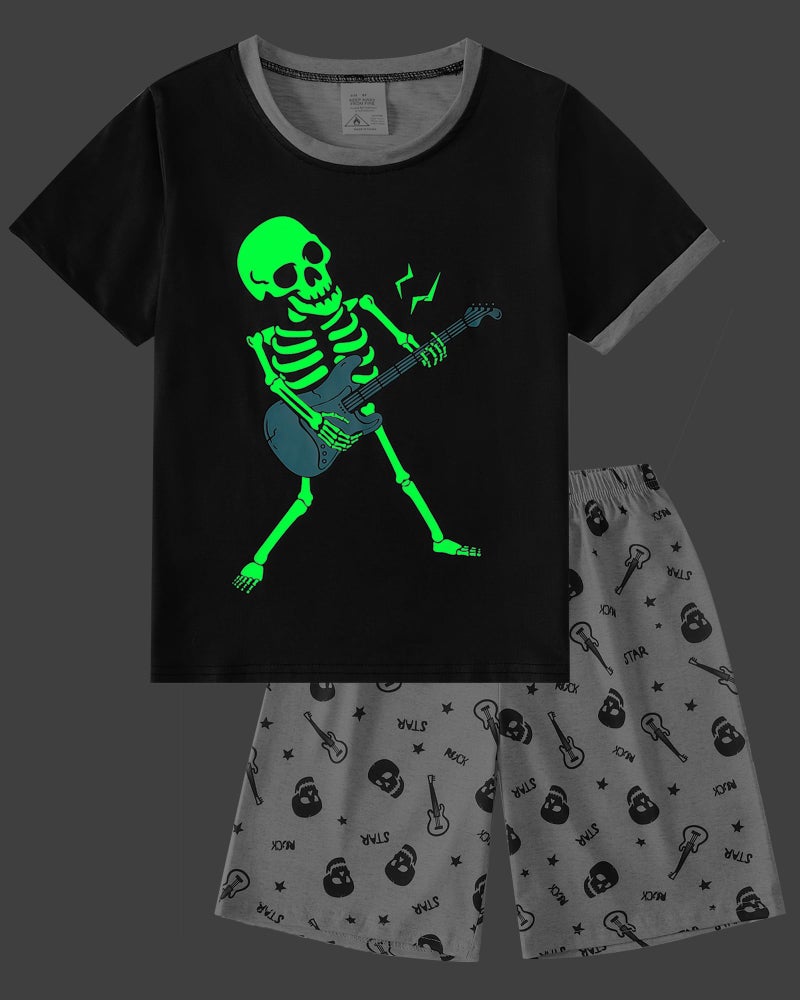 MyFav Boys Pajamas Sets Glow in Dark Skull Sleepwear Kids 2 Piece Short Sleeve Pjs, Guitar, 12 Years - Image 3