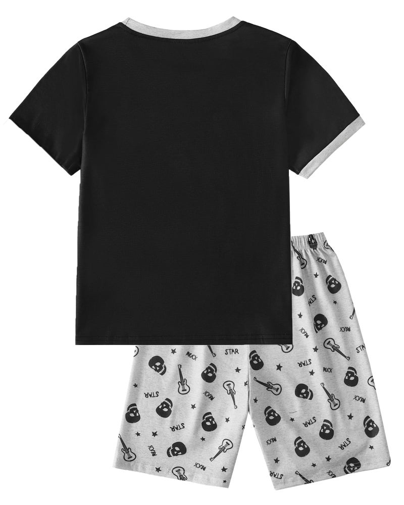 MyFav Boys Pajamas Sets Glow in Dark Skull Sleepwear Kids 2 Piece Short Sleeve Pjs, Guitar, 12 Years - Image 2