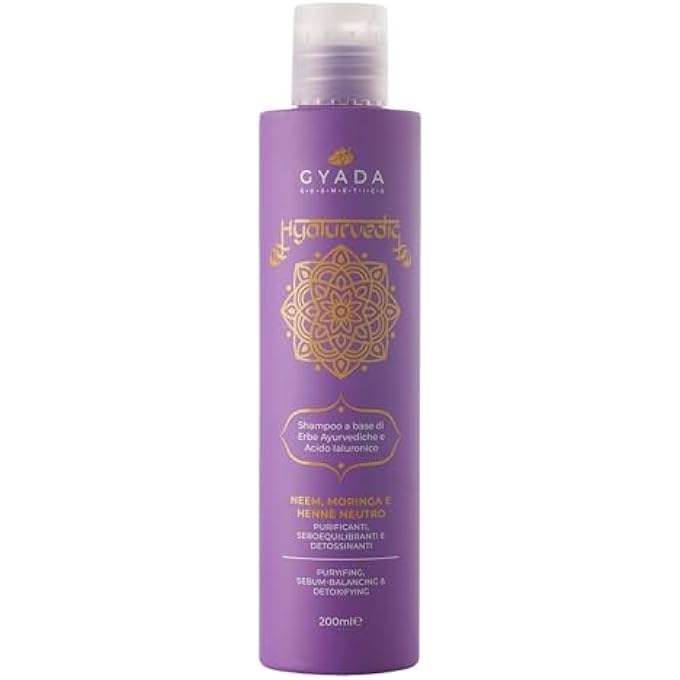 GYADA COSMETICS , HYALURVEDIC CLEANSING SHAMPOO AGAINST FRIZZ THANKS TO 3D HAIR COMPLEX FOR OILY, THIN AND BRITTLE HAIR, BASED ON NEEM, MORINGA, HENNA, NEUTRAL HENNA, 200 ML - Image 1