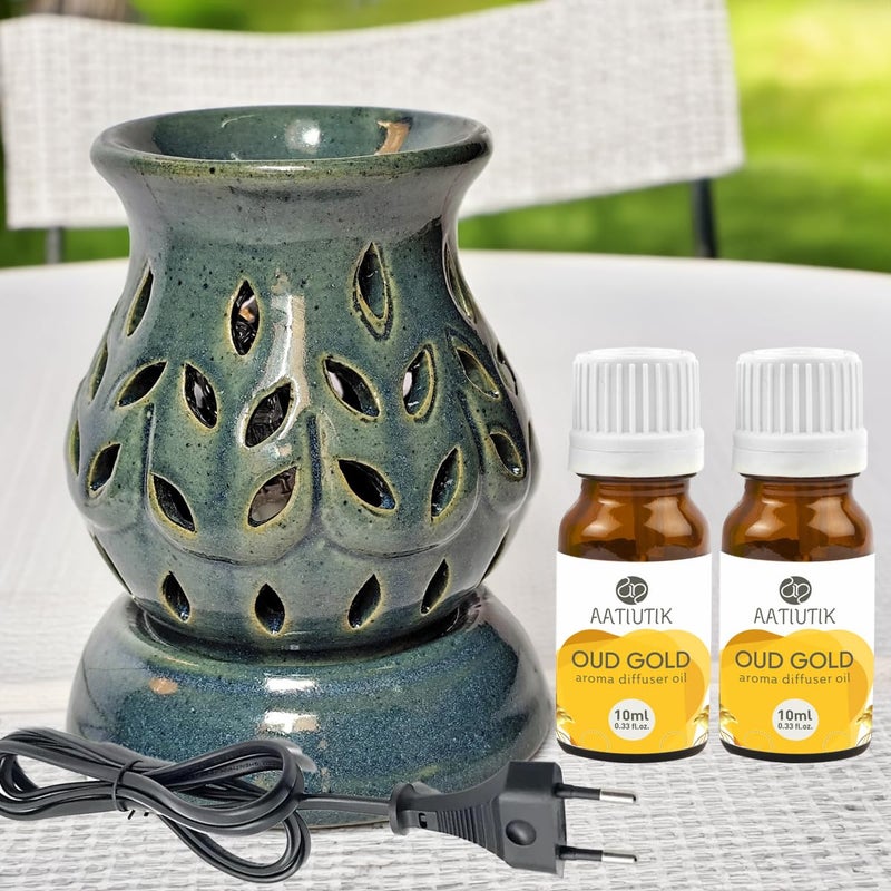 Aatiutik Aatiutik Handcrafted Ceramic Electric Fragrance Aroma Diffuser Oil Burners Nigh Lamp Light Electric Diffuser for Home Oud Gold Fragrance Oils of 10 ml Each - Image 1