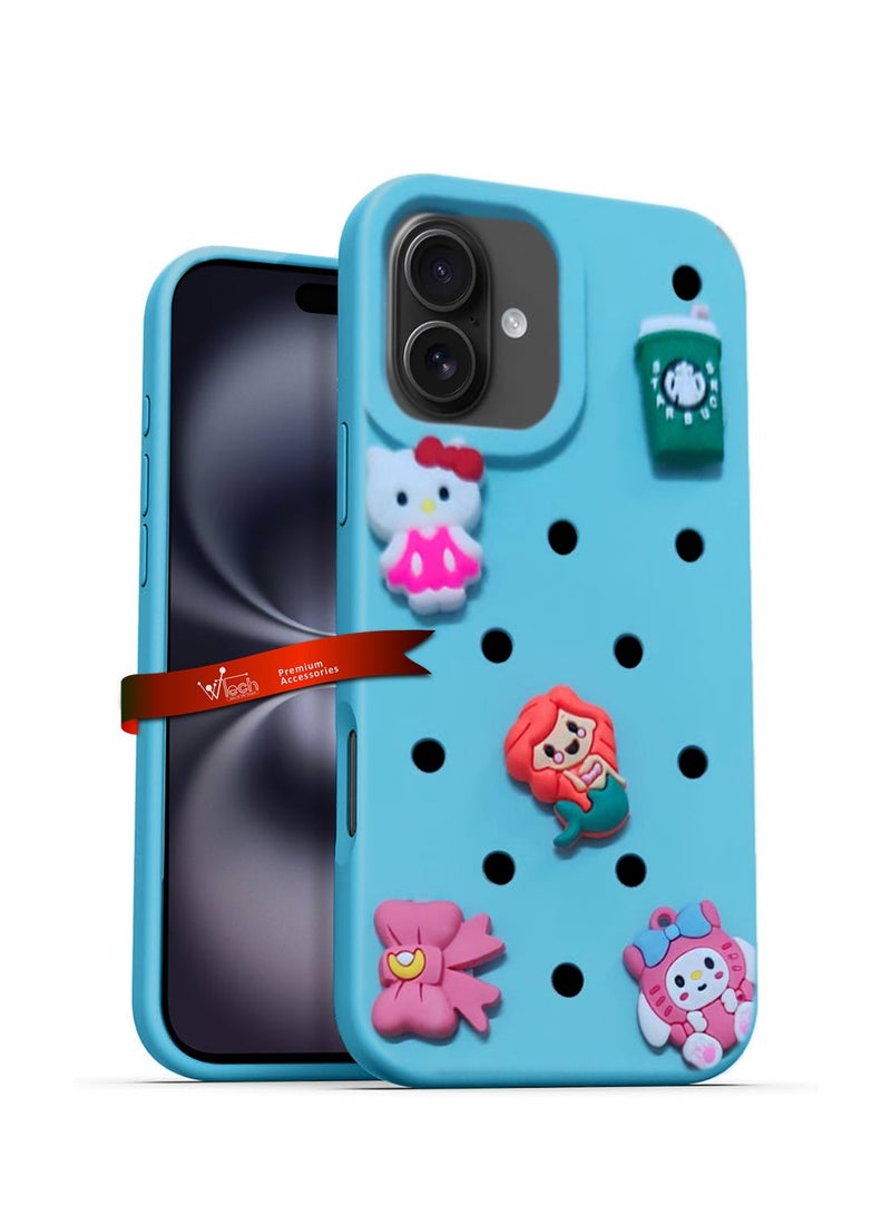 دبليو تيك ابل ايفون 16 2024 لطيف الكرتون سيليكون النعال ثقوب مقاومة للصدمات غطاء جراب الهاتف DIY - أزرق سماوي - Image 1