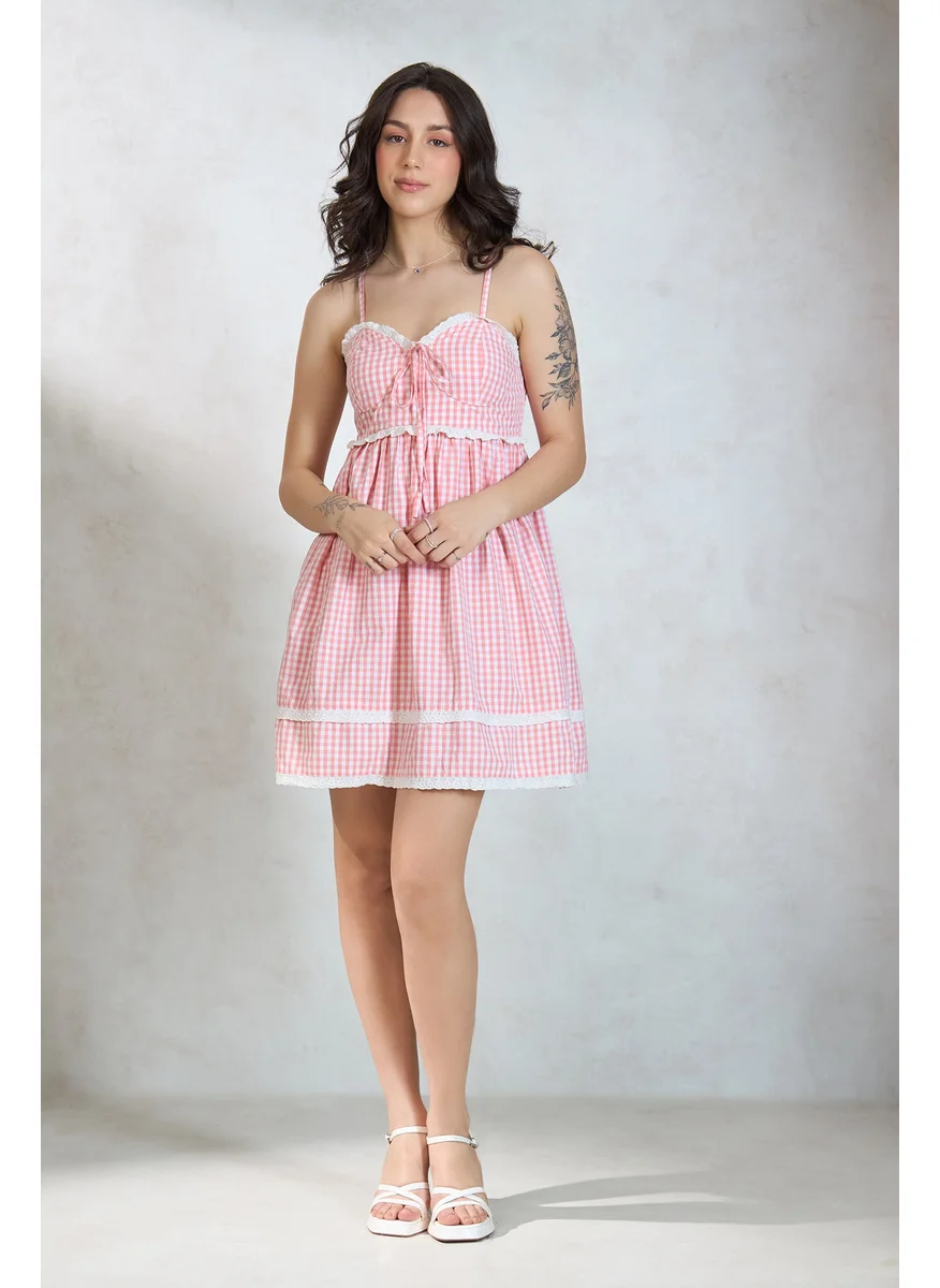 فيرجيو Virgio Women Cotton Sweet Heart Neck Mini Length Checks Sleeveless Dress