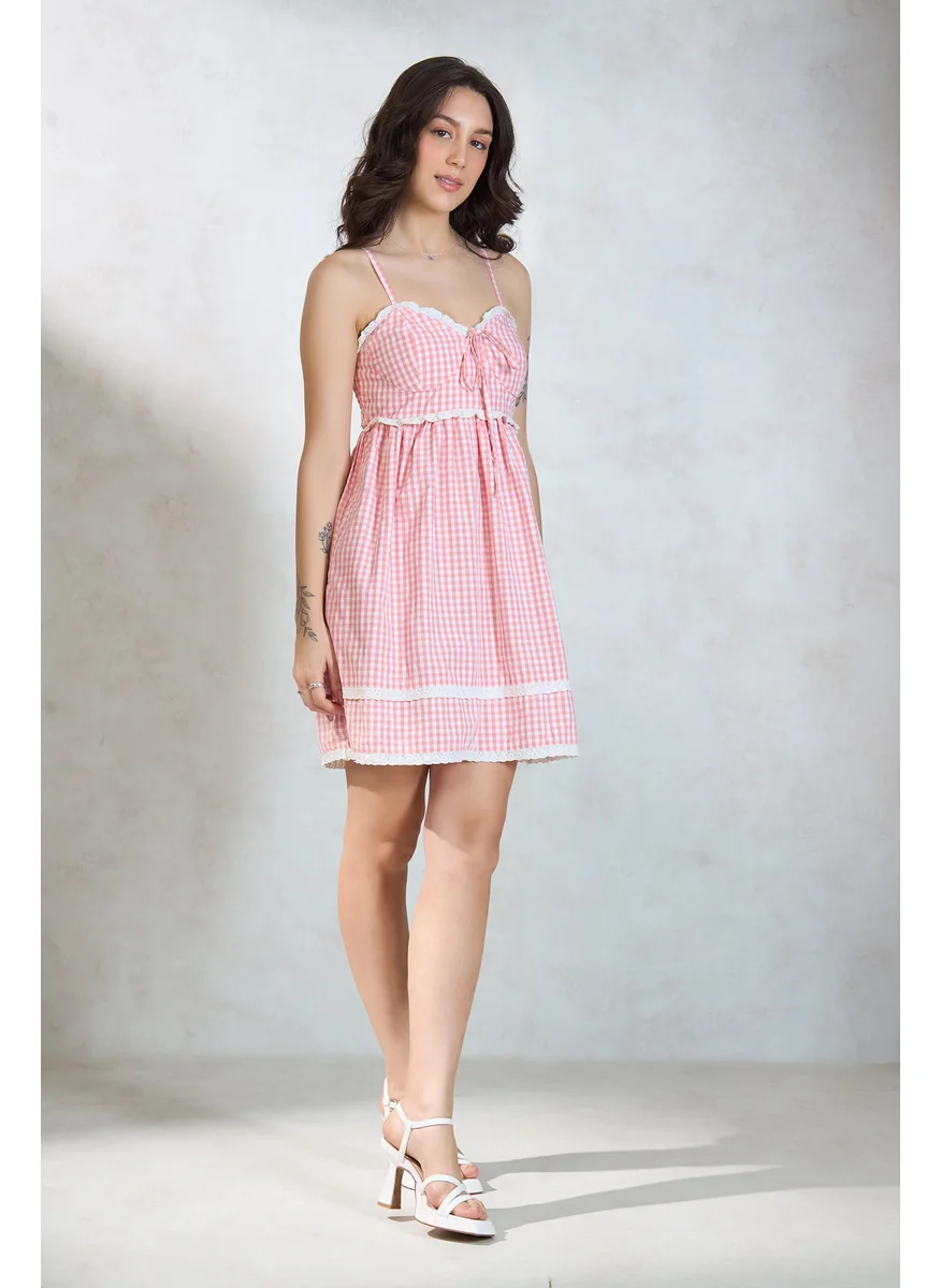 فيرجيو Virgio Women Cotton Sweet Heart Neck Mini Length Checks Sleeveless Dress