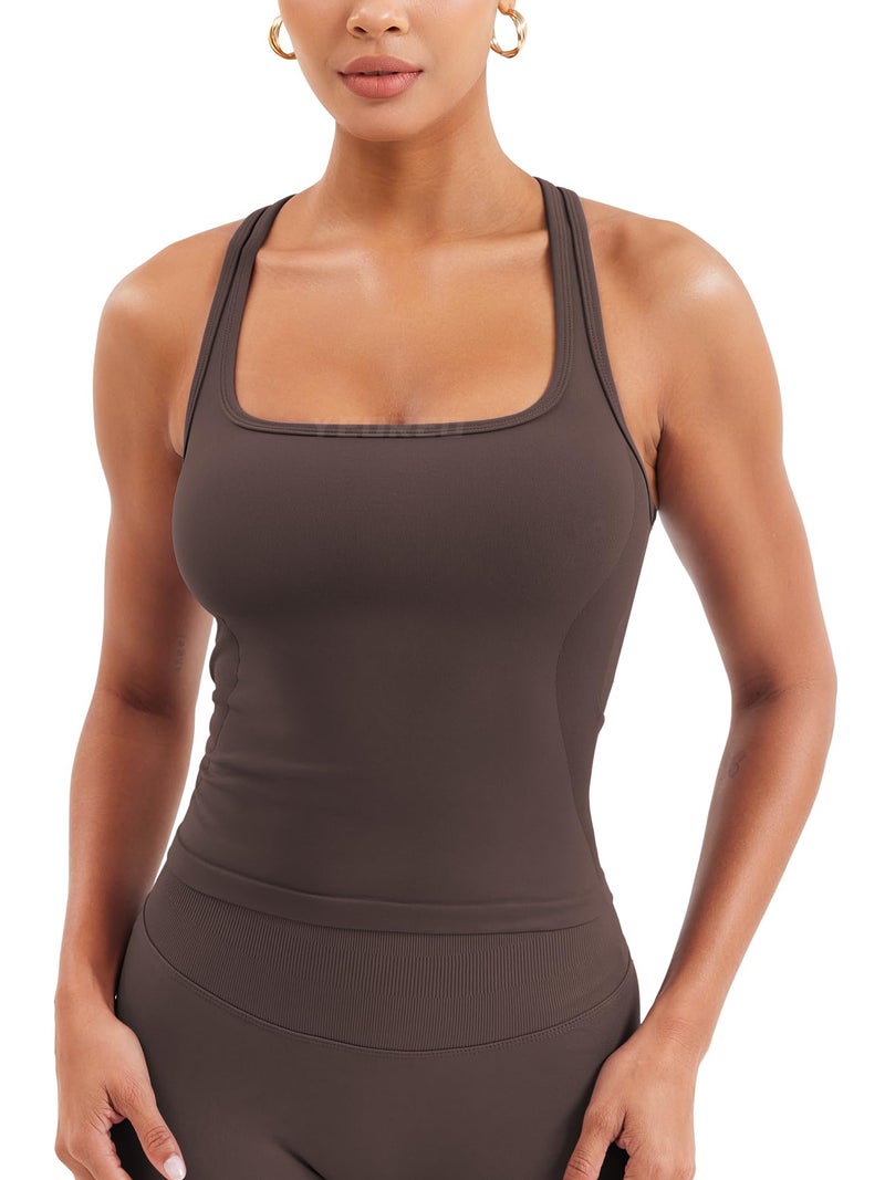 YEOREO Esteile Workout Tank Tops for Women Square Neck Sleeveless Camisole Tops Seamless Racerback Gym Athletic Yoga Shirts Coffee M - Image 1