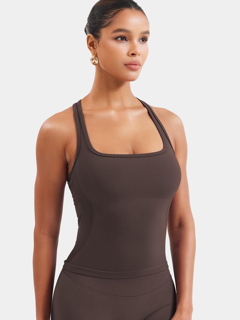 YEOREO Esteile Workout Tank Tops for Women Square Neck Sleeveless Camisole Tops Seamless Racerback Gym Athletic Yoga Shirts Coffee M - Image 3