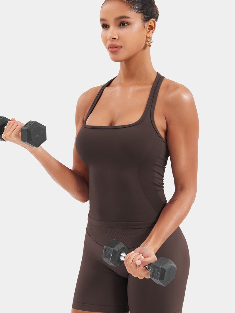 YEOREO Esteile Workout Tank Tops for Women Square Neck Sleeveless Camisole Tops Seamless Racerback Gym Athletic Yoga Shirts Coffee M - Image 5