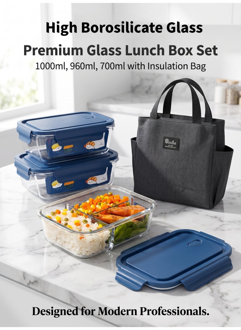 XiuWoo 3 Piece Microwave Heating High Borosilicate Glass Lunch Boxes Glass Bowls 1000ml, 960ml, 700ml with Insulation Bag Borosilicate Glass
blue - Image 1